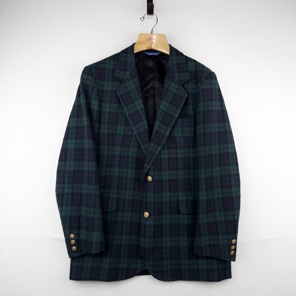 70's Pendleton Black Watch Plaid Wool Blazer 42L Green Blue 2-Button Jacket USA